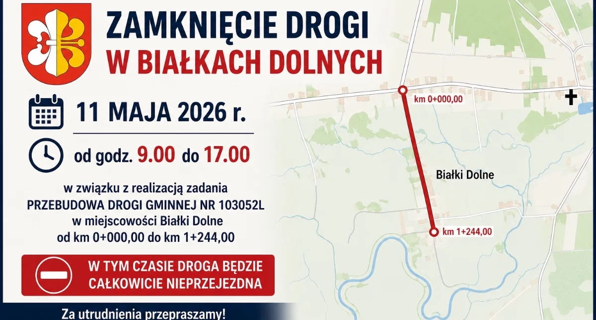 Komunikaty i Alerty, Droga Białkach Dolnych będzie zamknięta Utrudnienia - zdjęcie, fotografia