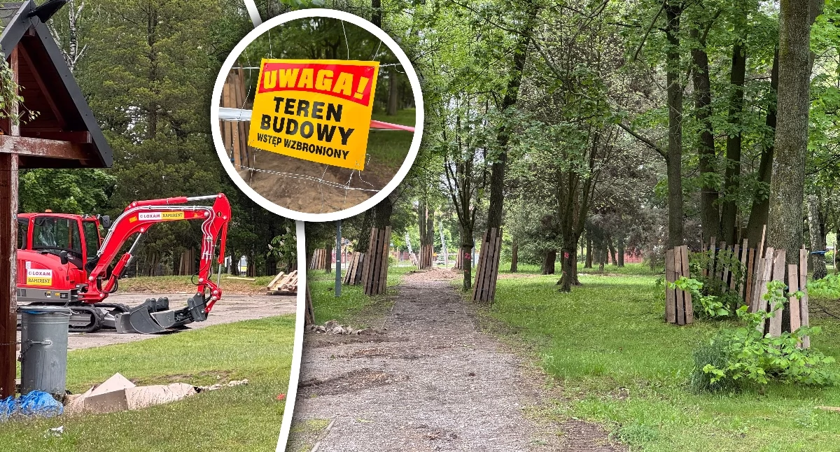 Park został całkowicie ogrodzony, a tabliczki informują o trwających pracach remontowych. Rozebrano część istniejącej infrastruktury, w tym plac zabaw, a teren przygotowano pod kolejne roboty budowlane.