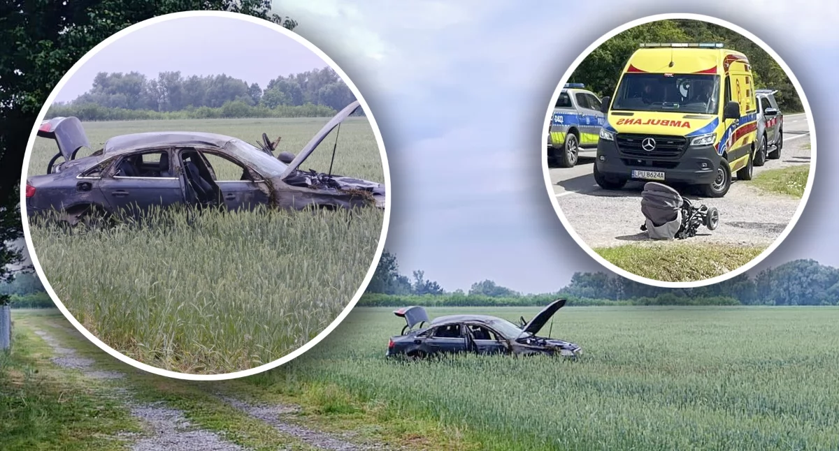 Zdjęcie: Kierujący samochodem marki Audi stracił panowanie nad pojazdem, zjechał z drogi i dachował na polu